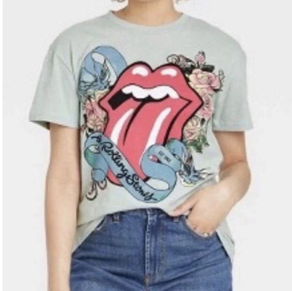 The Rolling Stones Floral Lips Babydoll T-Shirt Light Green Sage Women’s S